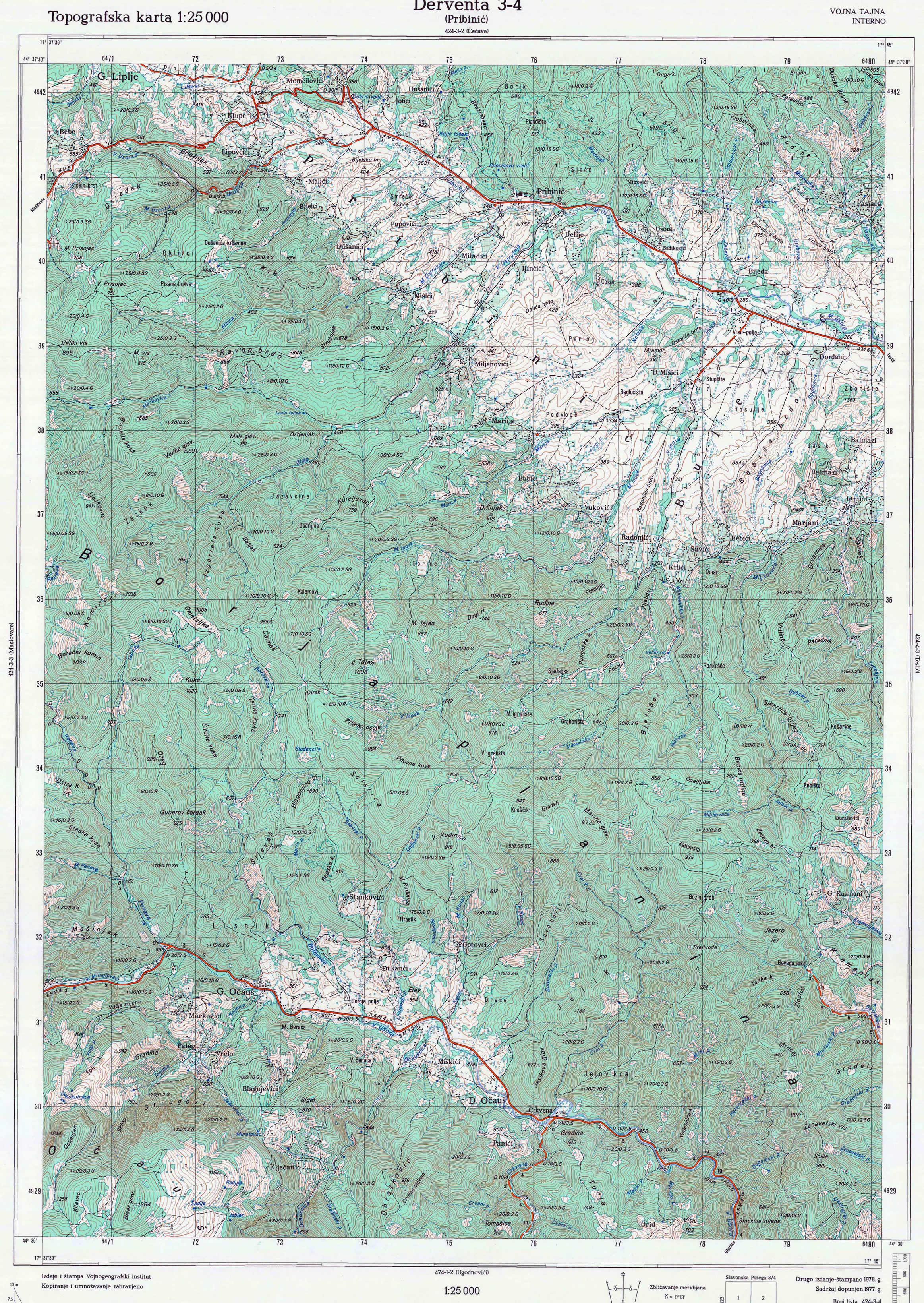  topografska karta BiH 25000 JNA  pribinic