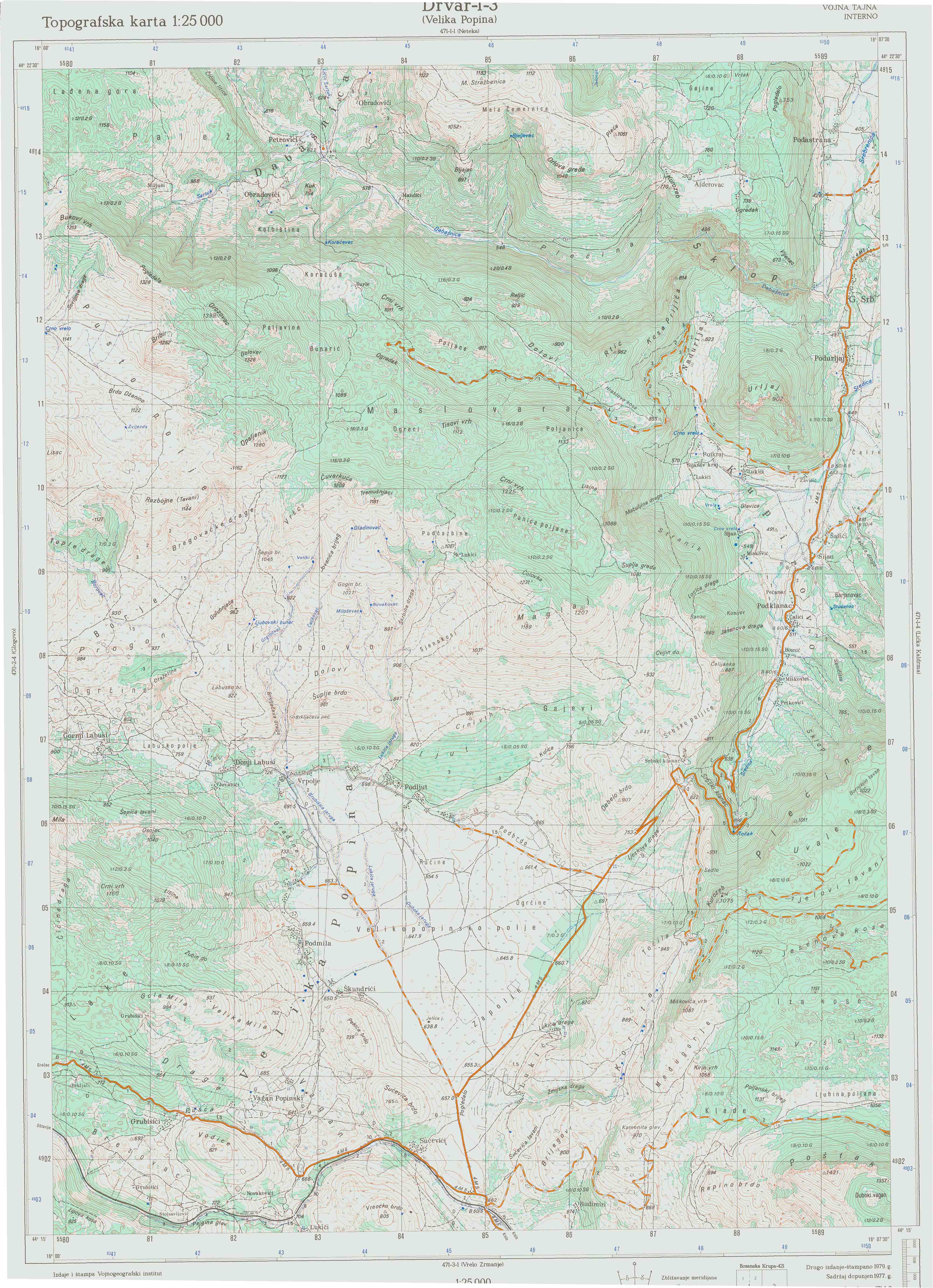  topografska karta BiH 25000 JNA  Drvar
