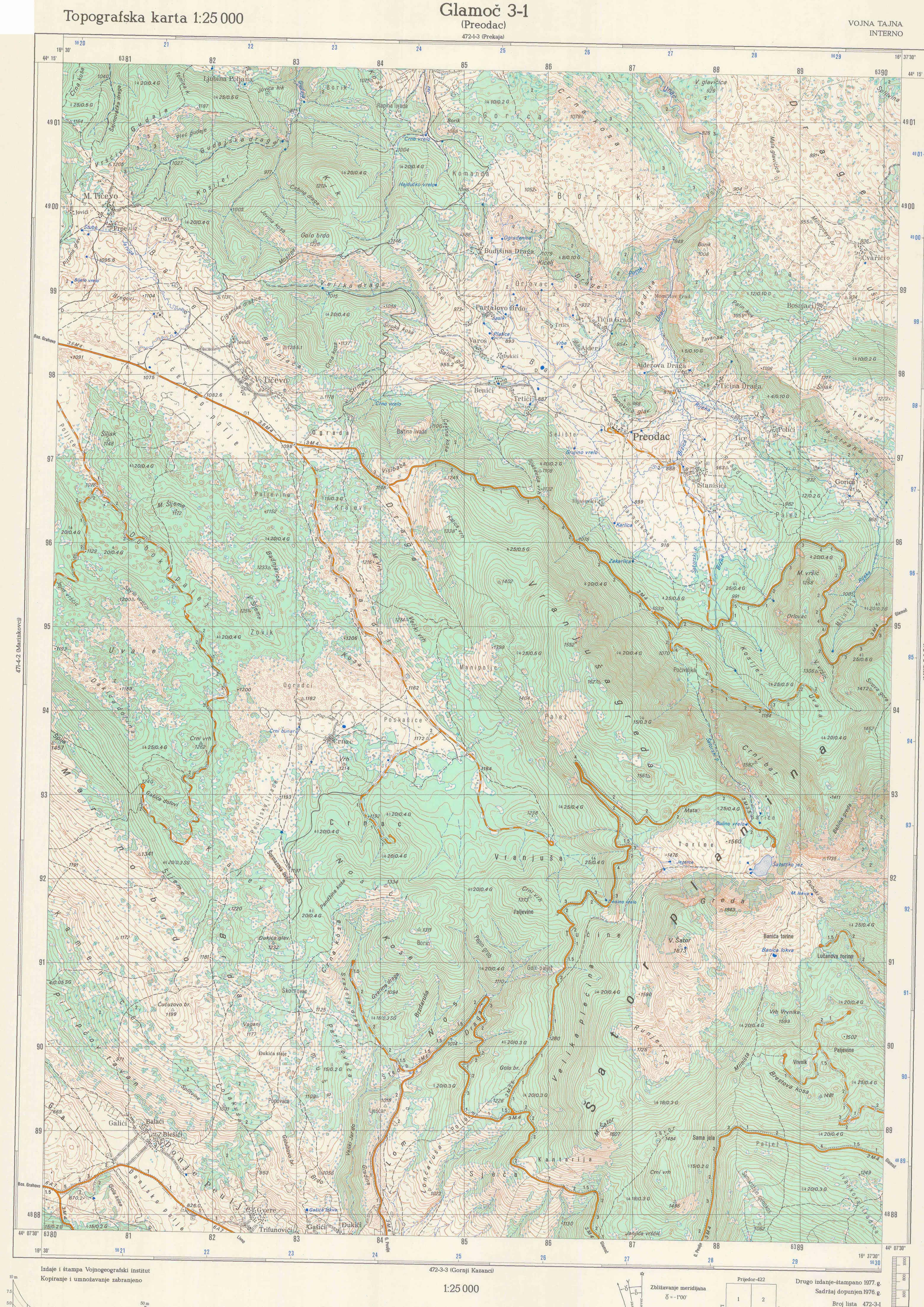  topografska karta BiH 25000 JNA  Glamoč