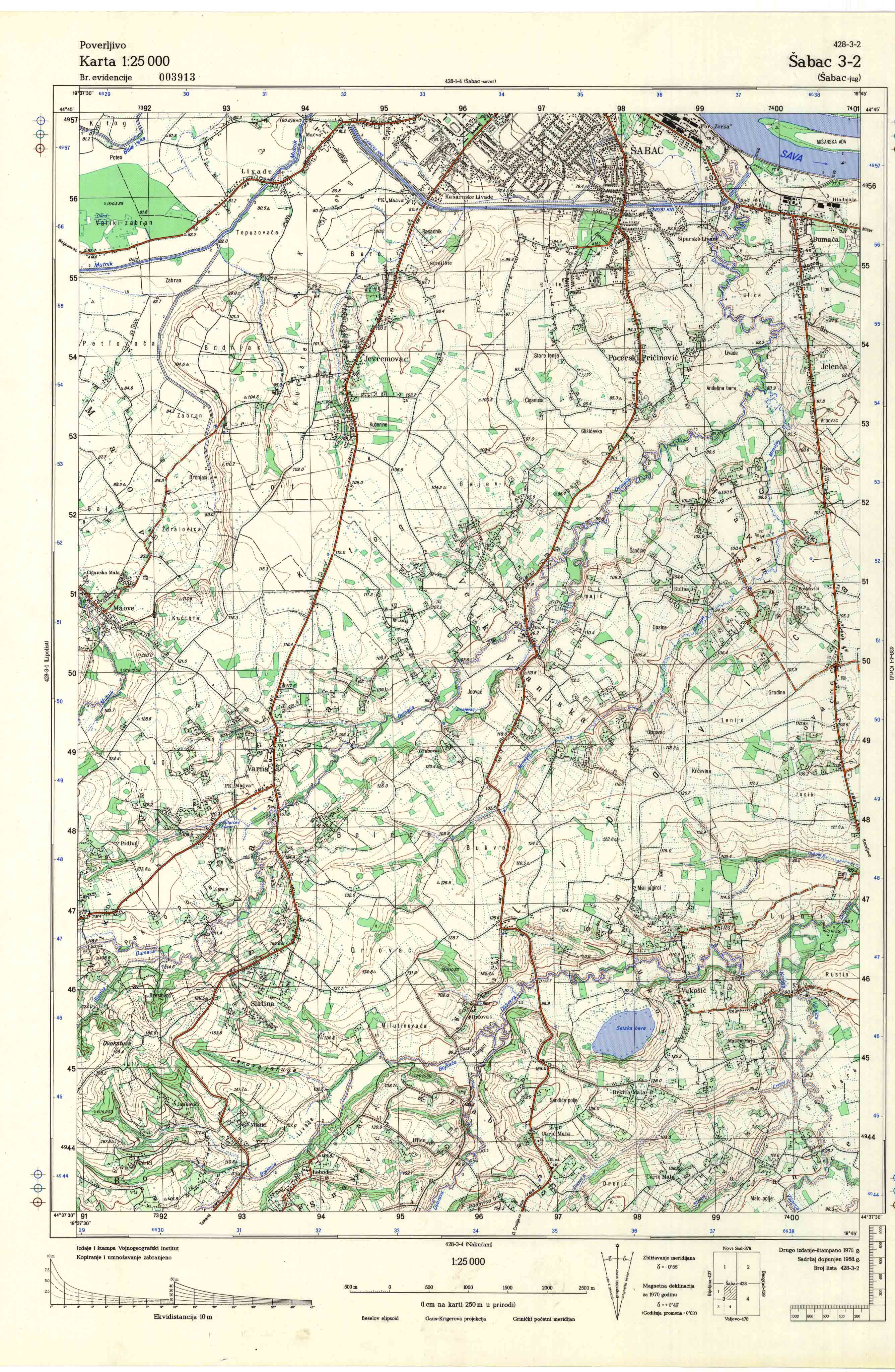  topografska karta srbije 25000 JNA  Šabac