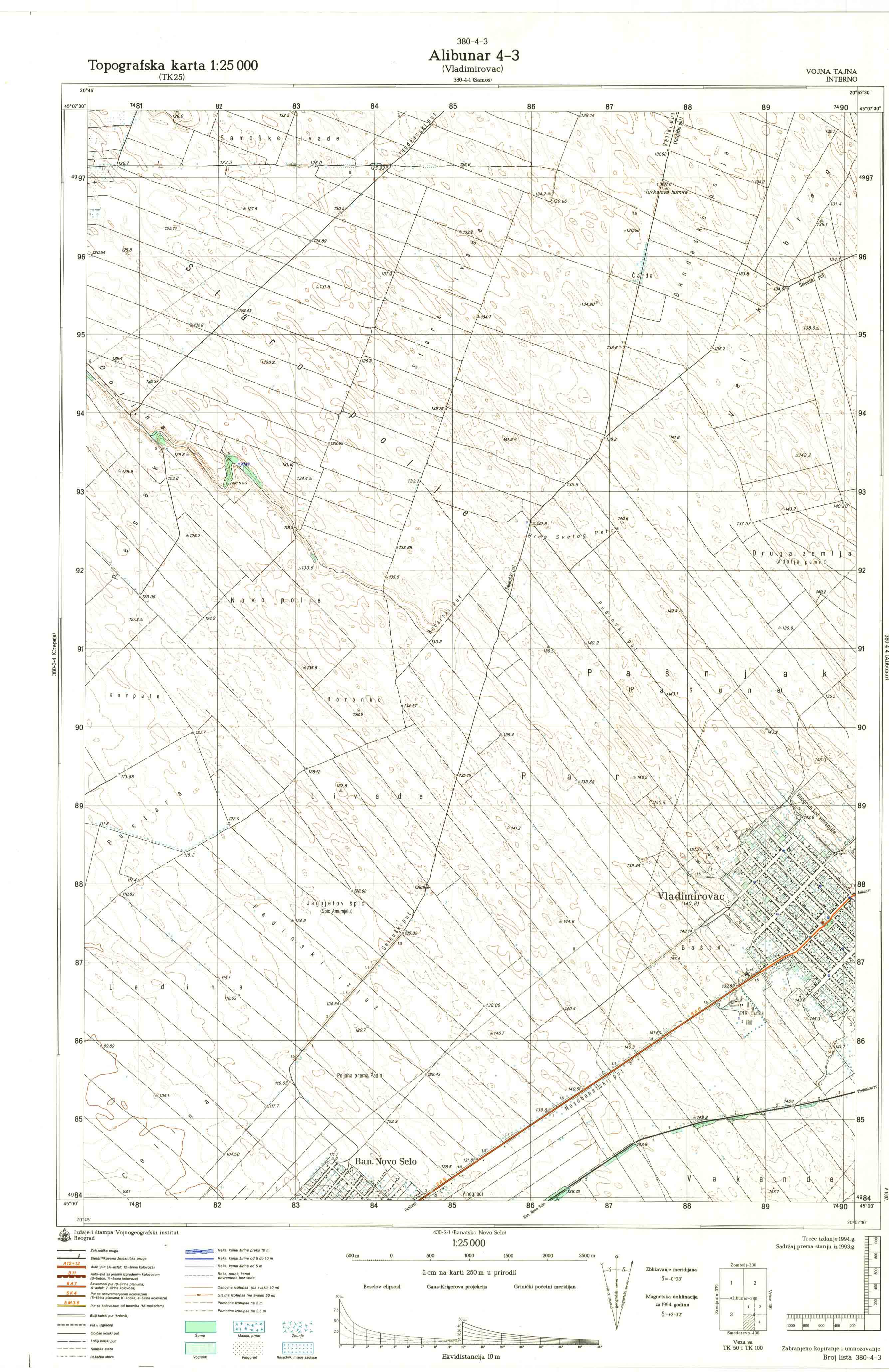  topografska karta srbije 25000 JNA  Alibunar