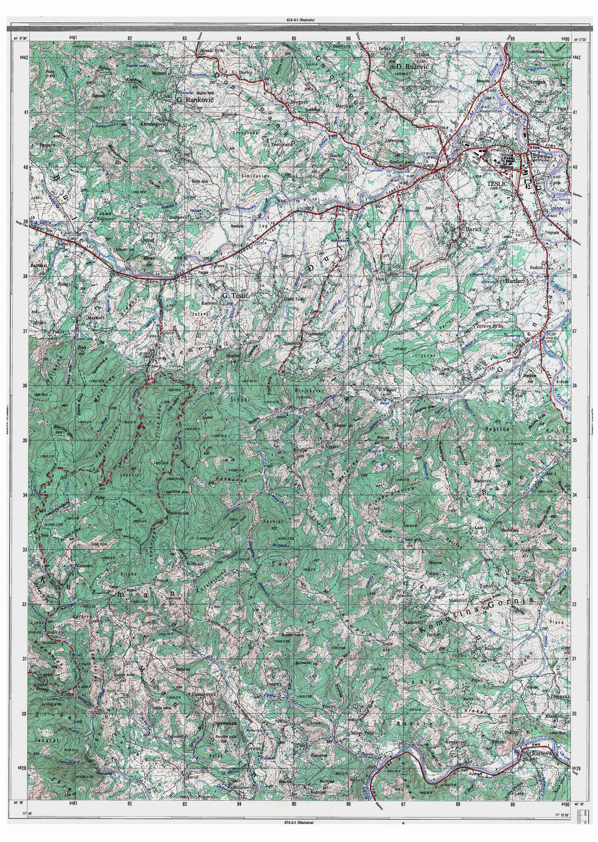  topografska karta BiH 25000 JNA  teslic