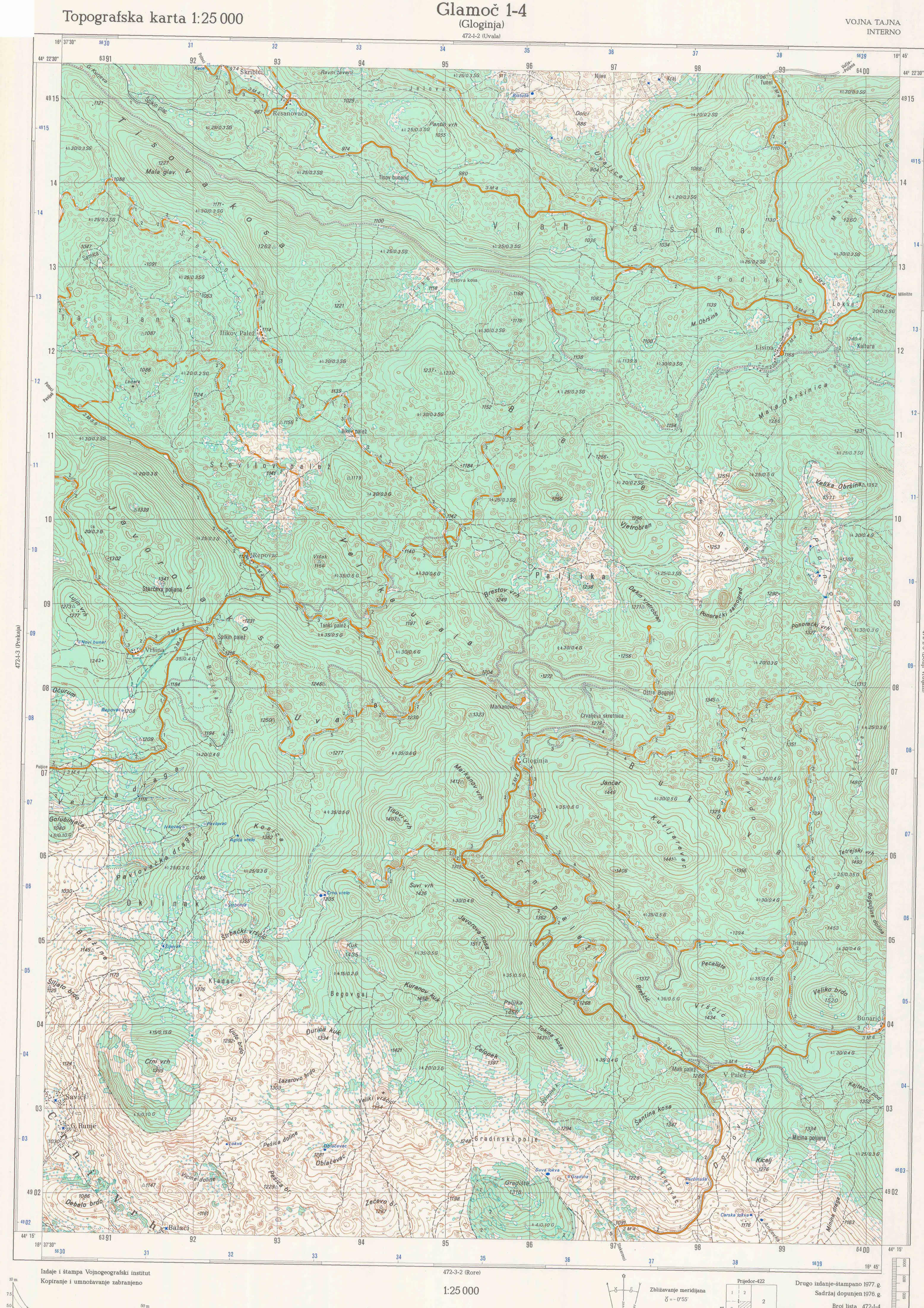  topografska karta BiH 25000 JNA  Gloginja