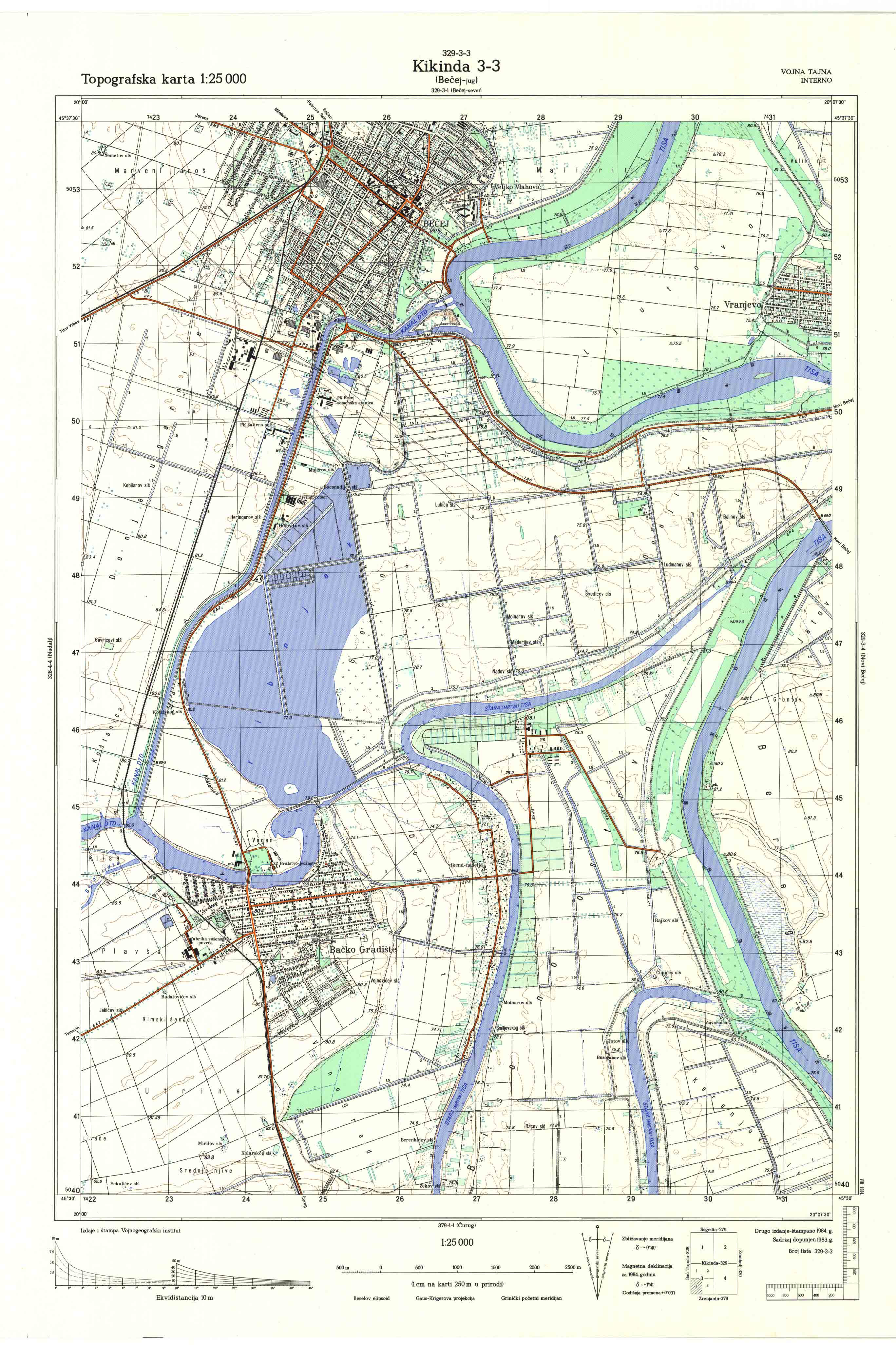  topografska karta srbije 25000 JNA  Kikinda 