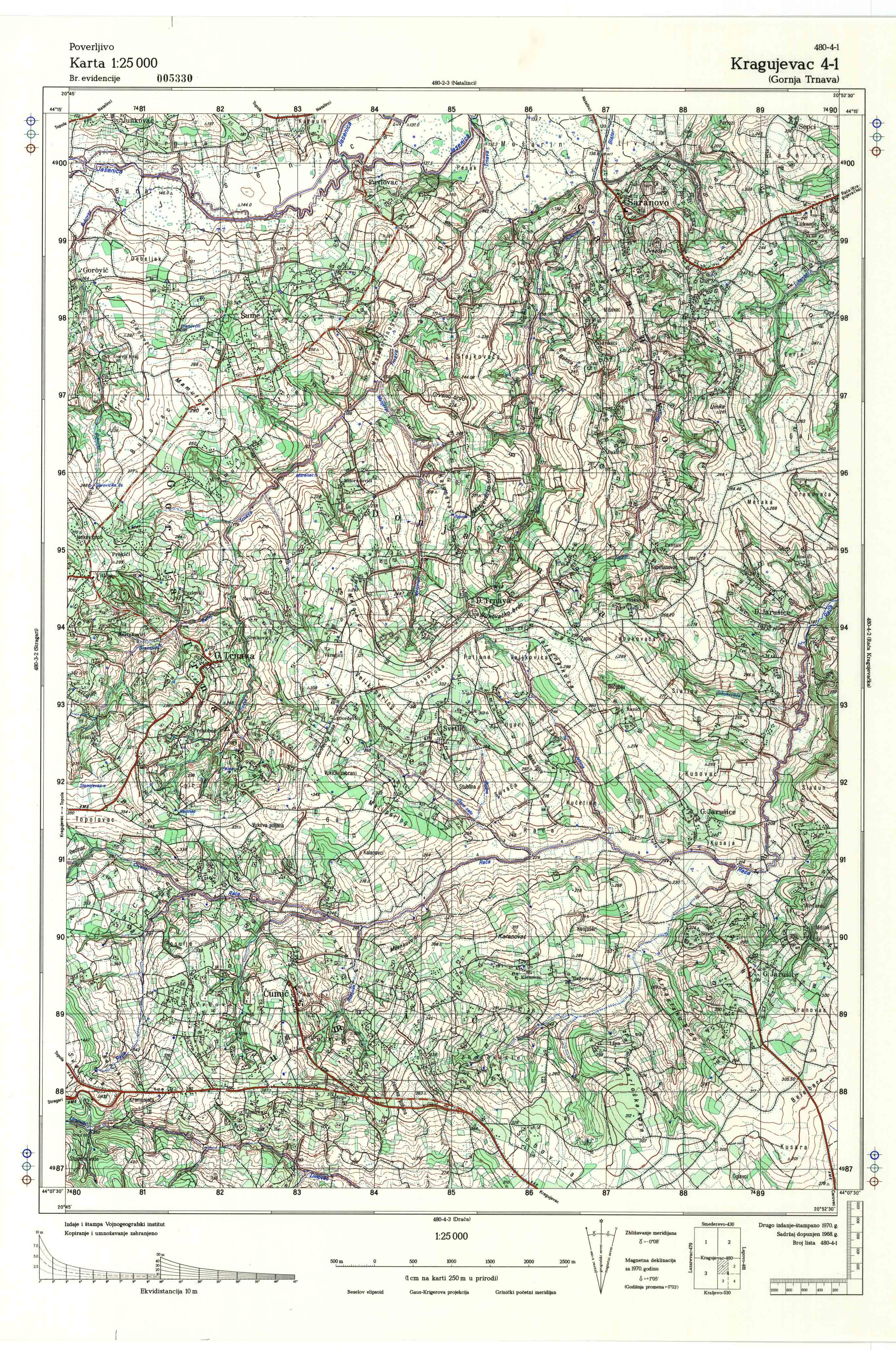  topografska karta srbije 25000 JNA  Kragujevac