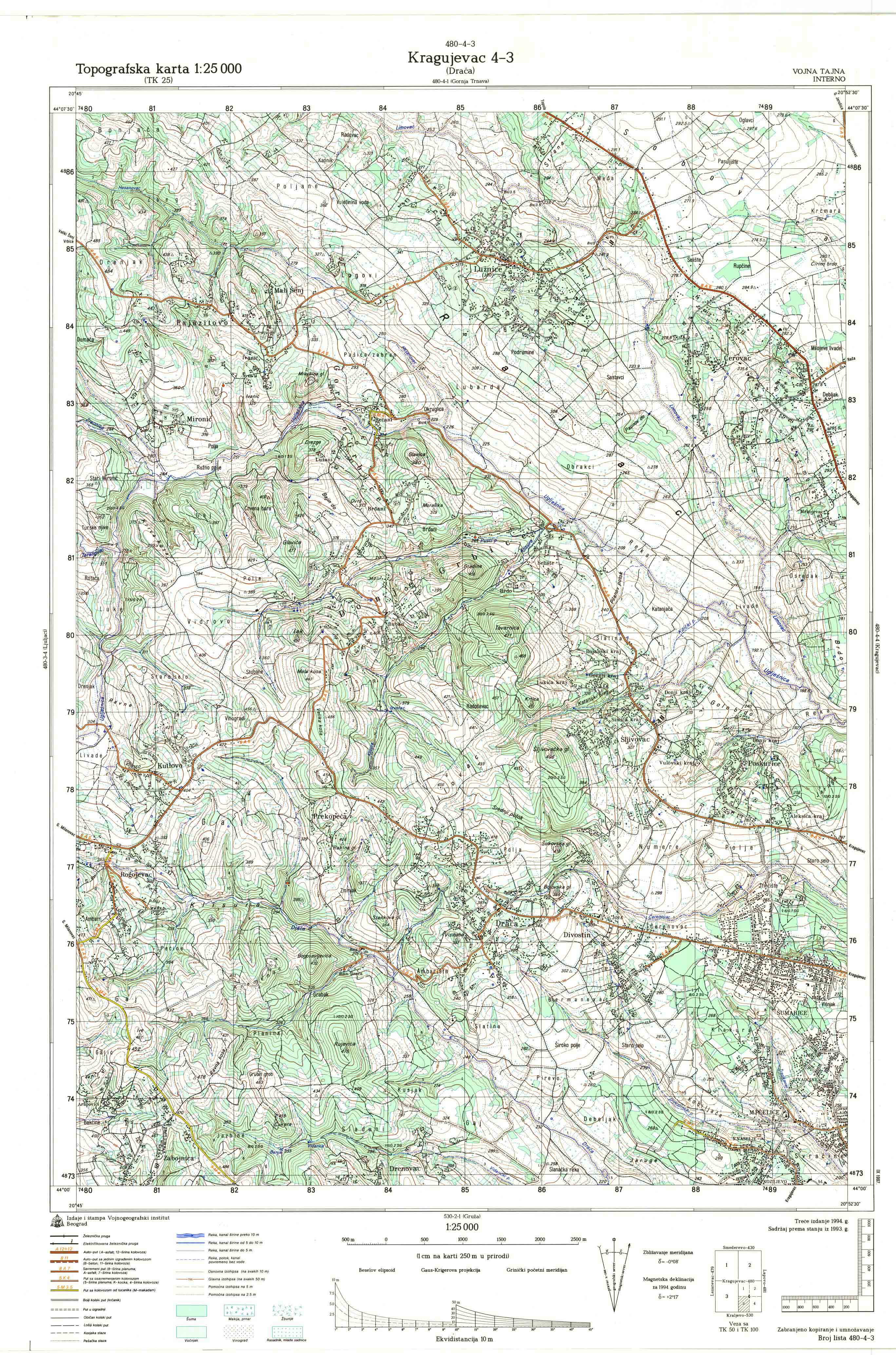  topografska karta srbije 25000 JNA  Kragujevac