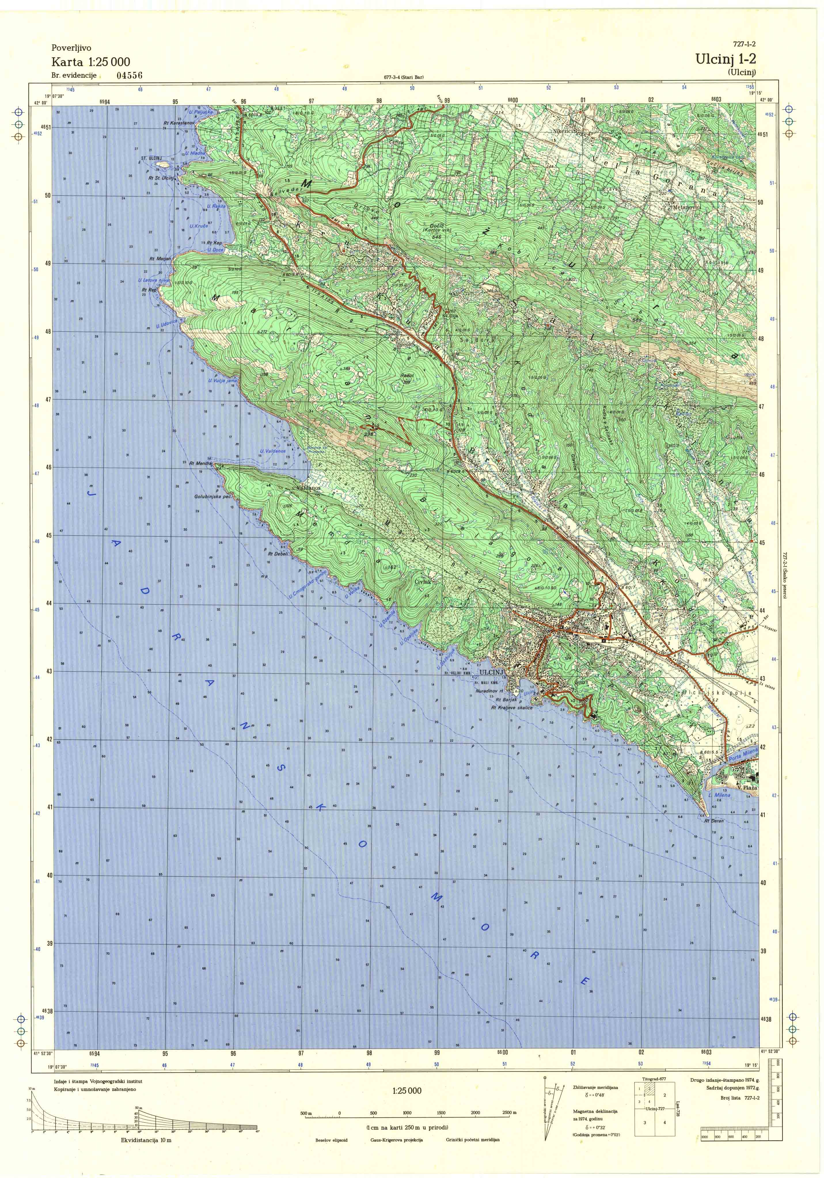  topografska karta crne gore 25000 JNA  Ulcinj
