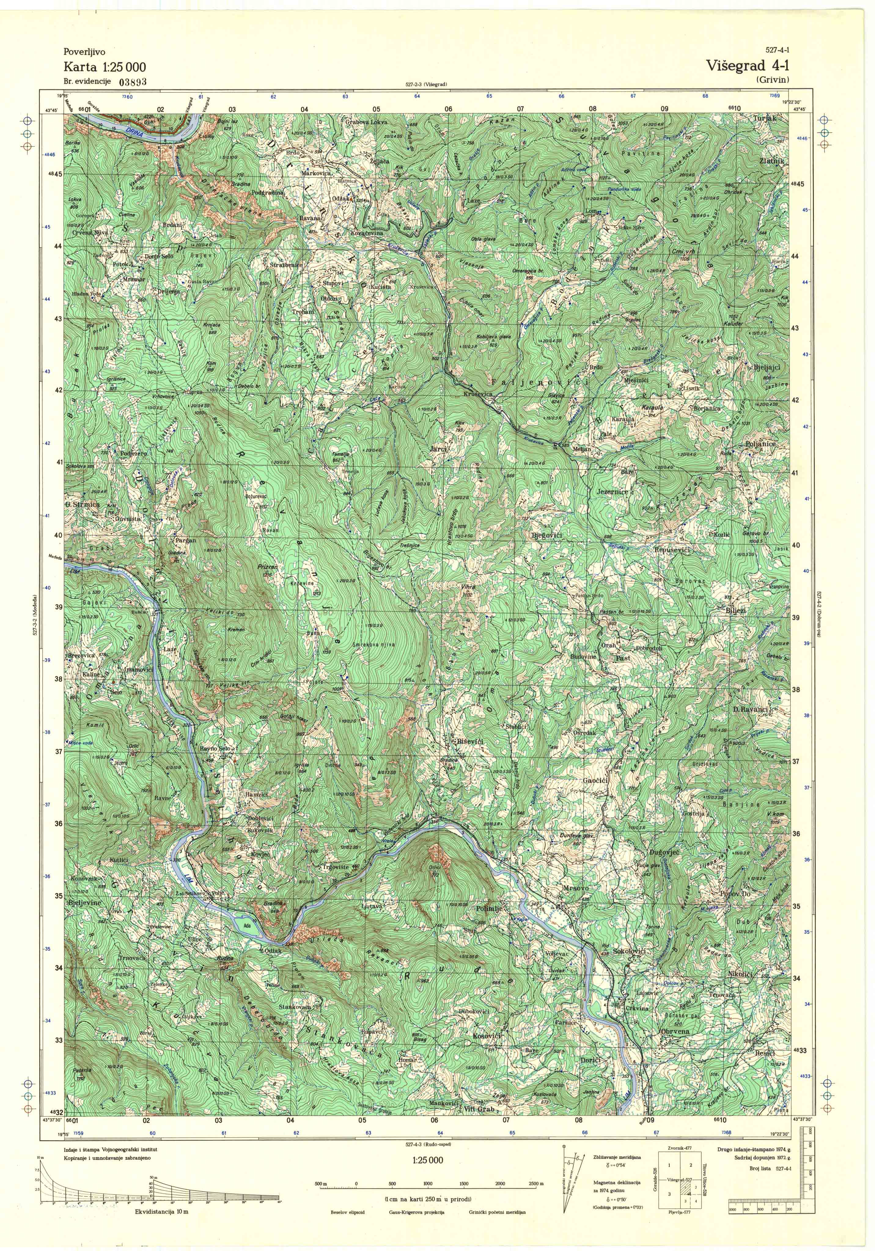  topografska karta srbije 25000 JNA  Višegrad