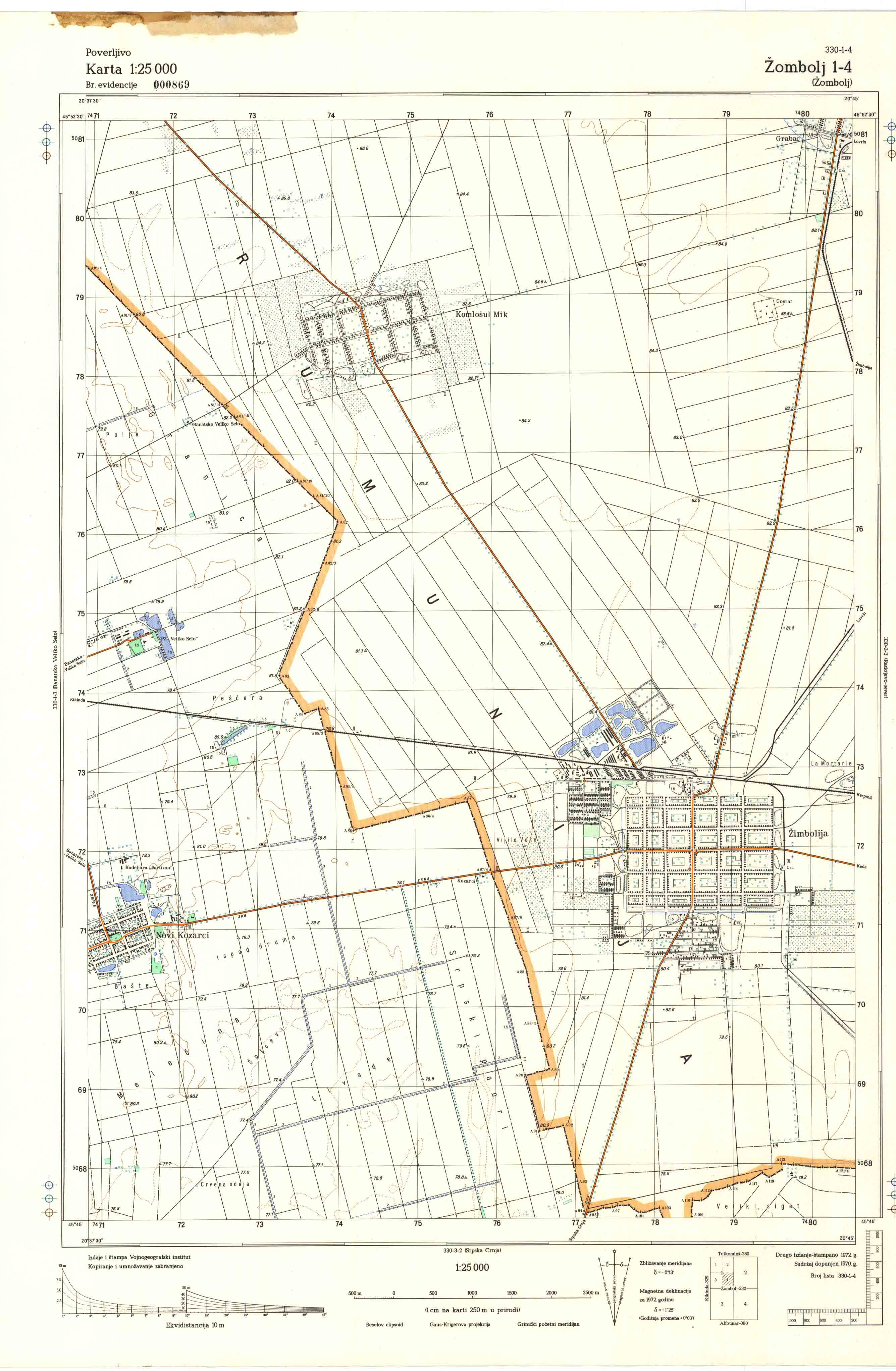  topografska karta srbije 25000 JNA  Žombolj 