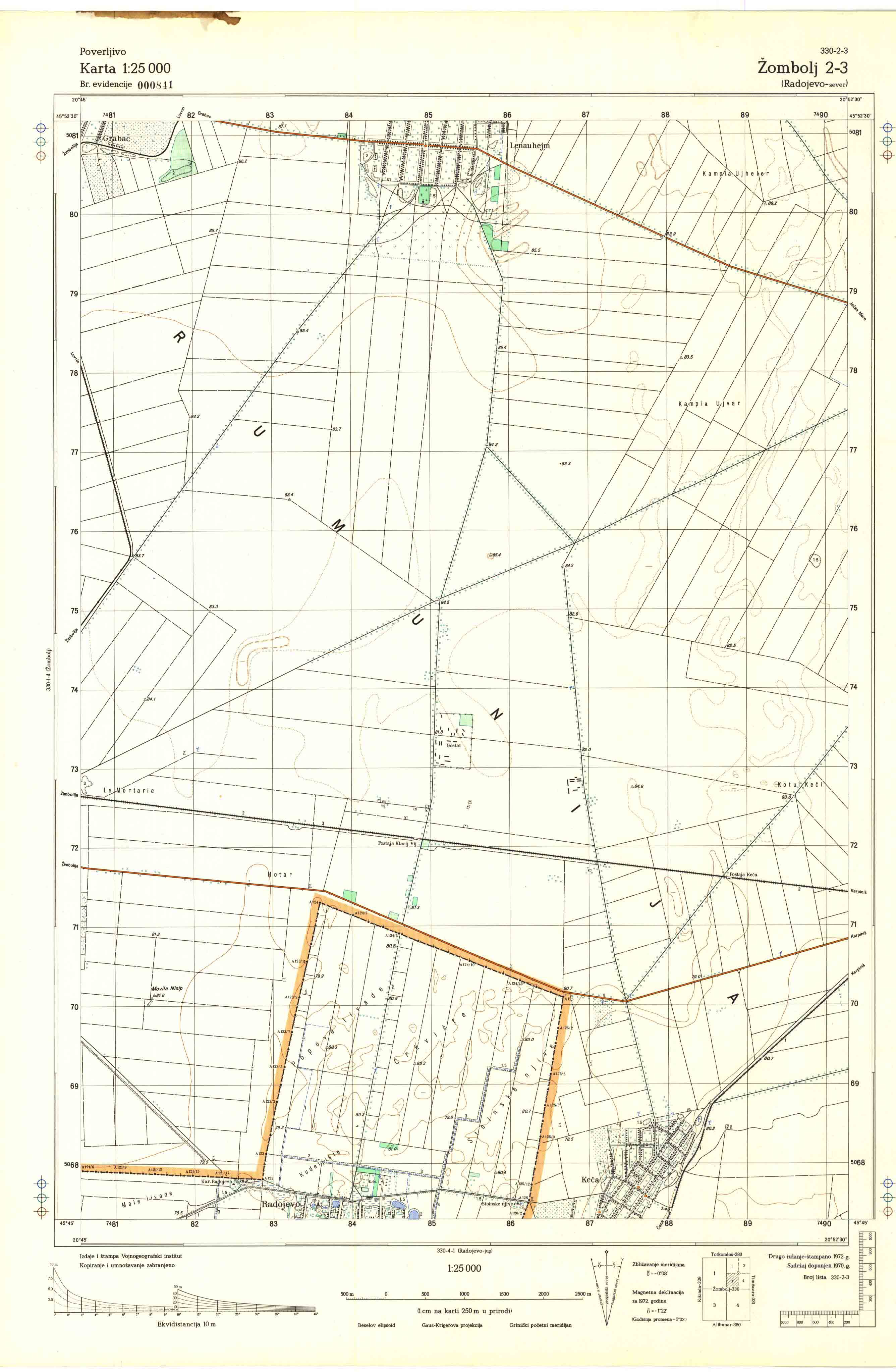  topografska karta srbije 25000 JNA  Žombolj 